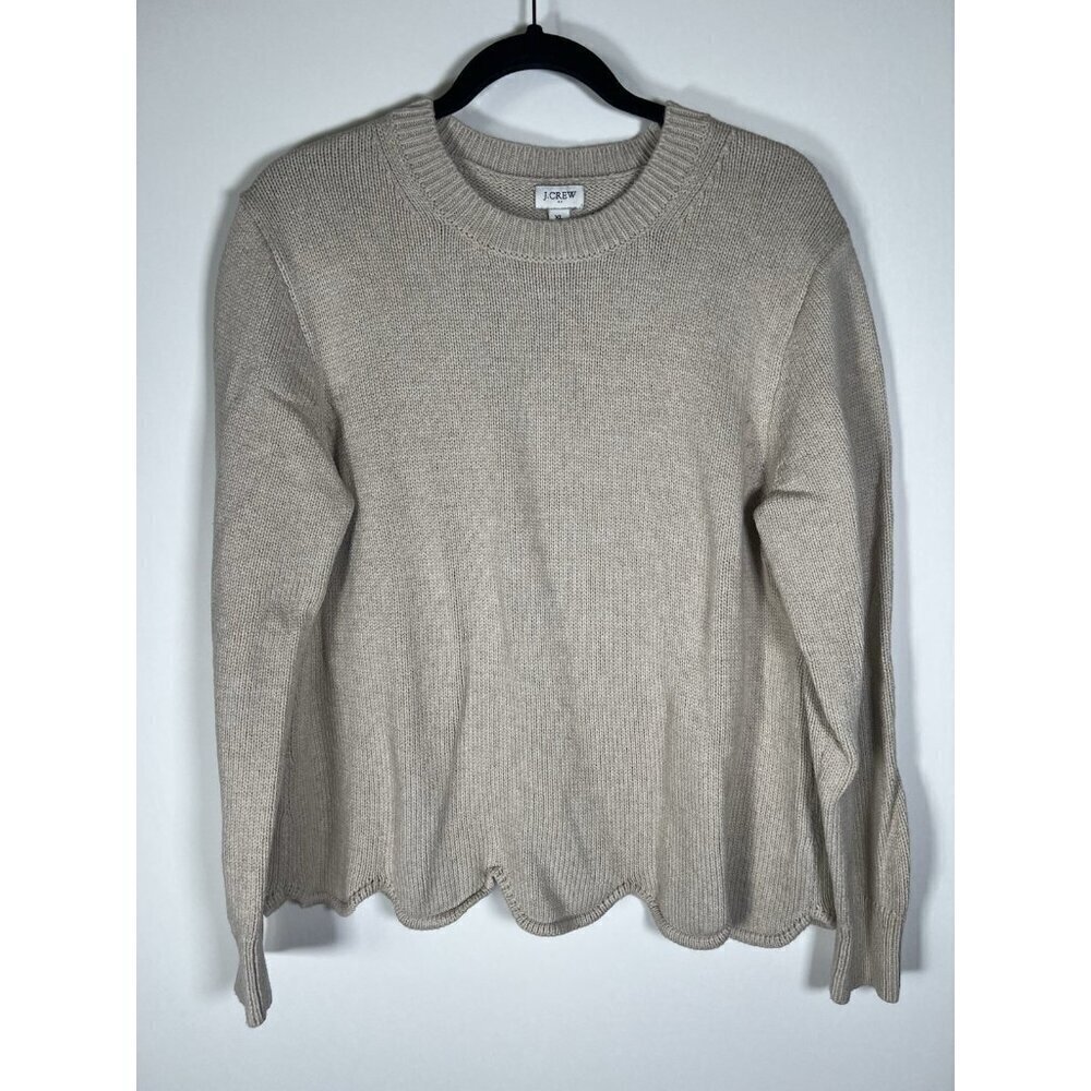 J. Crew beige scalloped hem crewneck beachy 100% cotton sweater XL preppy